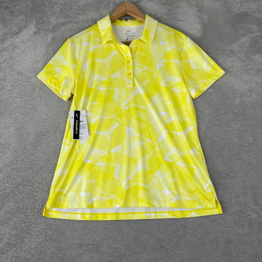 Nike Polo Mens Medium Yellow Leaf Print Dri-FIT Standard Fit Golf Active Shirt